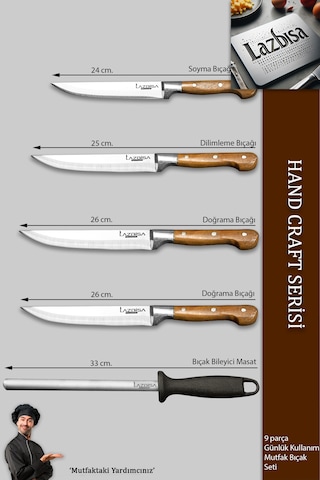 Hand Craft Mutfak Bıçak Seti Et Sebze Bıçağı Masat 9 Lu Mft-257 Ahşap