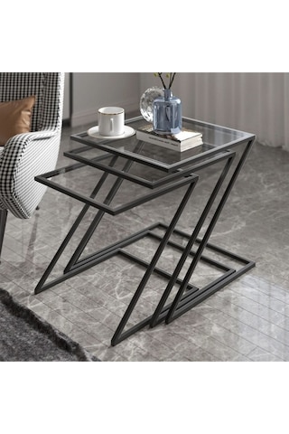 Misto Z Şekil Camlı Üçlü Zigon Sehpa Siyah