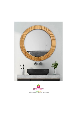 Safir Ahşap Dekoratif Ayna Yuvarlak Ayna Işlemeli Ahşap Duvar Aynası - 69 Cm Ceviz