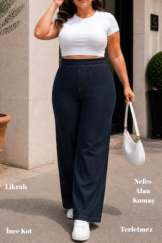 Cedy Denim Kadın Büyük Beden Yüksek Bel Palazzo Pantolon Yazlık İnce Kumaş Terletmez Likralı C633 Lacivert