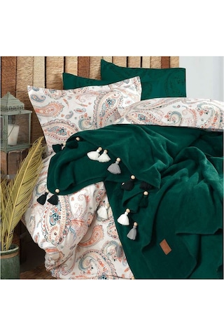 İyi Geceler İstanbul Boho Chic Çift Kişilik Battaniyeli Zümrüt Yeşili Nevresim Takımı Yeşil