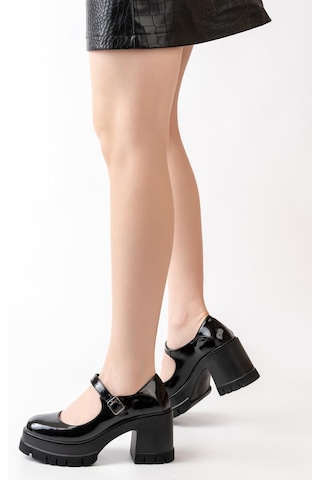 Asmi Shoes Tek Baletli Neon 8 Cm Topuklu Platformlu Loafer Ayakkabı Siyah Rugan Siyah