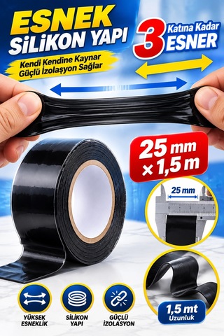 Kendinden Kaynayan Silikon Tamir Bandı Siyah 25 Mm 1,5 M 3 Kat Esnek, 8000 V Yalıtım