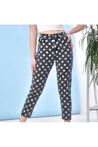 2006-pua Kadın Likrasız Puantiyeli Mom Jeans Kot Denim Pantolon Siyah