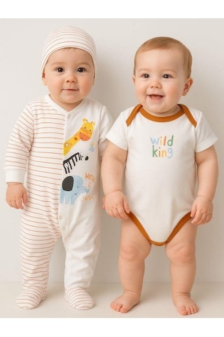 Zekids 3 Lü Organik Bebek Safari Desenli Şapkalı Tulum Seti-16187 Çok Renkli