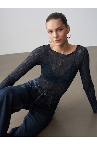 Dilvin 32764 Kayık Yaka Dantel Top-indigo İndigo
