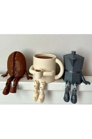 3dprototürk Kahve Köşesi Sevimli Biblo Seti 3lü, Kahve Çekirdeği, Bej Kahve Kupası, Moka Pot, Coffee Set 8cm