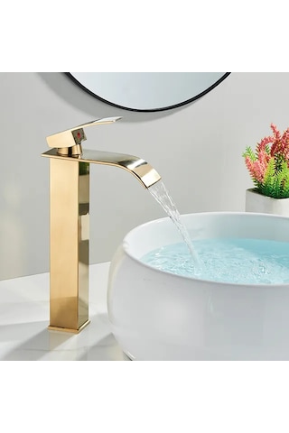 Rena Design Mat Gold Çanak Lavabo Bataryasi Oval Çikiş Yüksek Havza Model Uzun Çift Giriş Altin Musluk Banyo Mat Altın