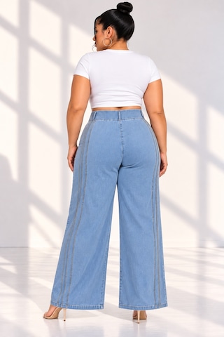 Büyük Beden Denim Taşlı Yüksek Bel Bol Paça Kadın Pantolon Mavi
