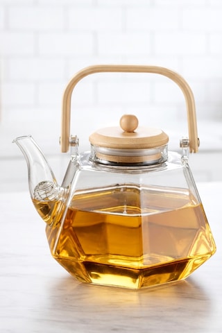 Bambu Kapaklı Isıya Dayanıklı Borosilikat Cam Demlik - 1500 Ml Prizma Cam Çaydanlık Şeffaf