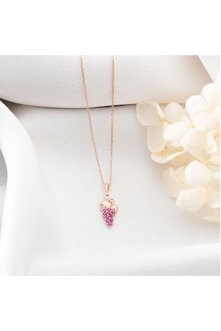 Vaoov 925 Ayar Gümüş Pembe Taşlı Üzüm Hediye Kolye Rose