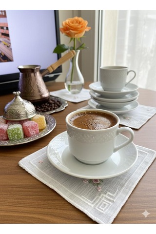 Rokoko El İşlemesi Kahve Sunumluk Peçetesi Keten 6 Parça Beyaz - Krem