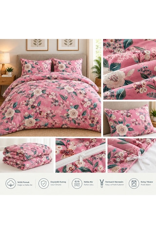 Çiçek Desenli Tek Kişilik Nevresim Takımı - Fermuarlı Ve İç Bağlamalı Pembe & Krem Renkli