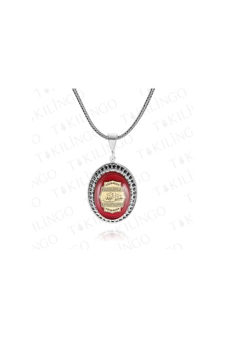 Takılingo 925 Ayar Gümüş Kehribar Taşlı Arapca Hasbi Allah Yazılı Erkek Kolye Gümüş