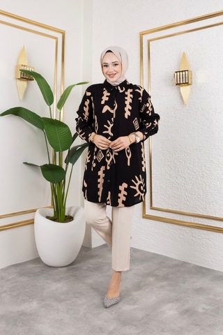 Hira Life Fashion Kadın Tesettür Giyim Ve Spor Giyime Uygun Düğme Detaylı Şık Desenli Dokuma Viskon Gömlek-tunik Siyah 2 Siyah 2