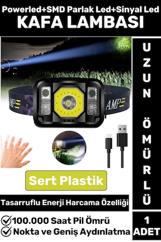 Profesyonel Kamp Avcı Balıkçı Deprem Güçlü Işık Sinyal Led Şarjlı Powerled Kafa Lambası Çok Renkli