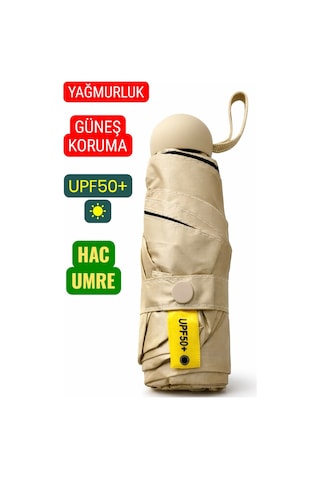Elevenmarkets Güneşten Koruyan Hac Umre Şemsiyesi. Kılıflı Mini Küçük Kapsül Şemsiye. Krem Bej
