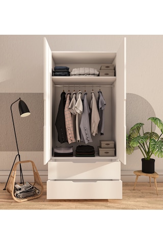 Flora 2 Kapaklı 2 Çekmeceli Gardırop Beyaz Elbise Dolabı