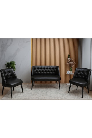 Milano 3 Lü Deri Oturma Grubu 2 Berjer + 1 İkili Koltuk Ofis & Ev Kullanımı Siyah Siyah