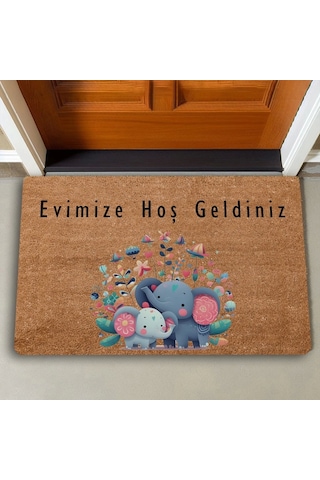 Valerine Life Sevimli Yavru Filler Ve Çiçekler Evimize Hoş Geldiniz Kapı Önü Paspası 45x70cm