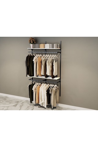 İkili Dekoratif Gardrop Raf Sistemi & Duvara Monte Giyim Odası Raf Sistemi Siyah - Beyaz