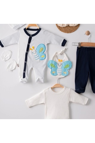 3 Ay Kelebek Nakışlı Tulumlu Erkek Bebek 5'li Set Siyah Siyah