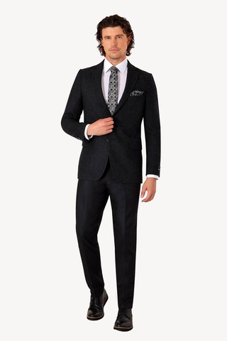 Erkek Siyah Kışlık Yünlü Regular Fit Desenli Tek Ceket Siyah