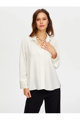 Faik Sönmez Kolları Boncuk Payet İşli Şık Kadın Gömlek W26gml011 Ekru
