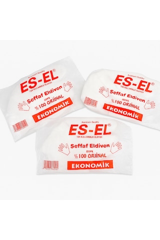 Es-el Şeffaf Tek Kullanımlık Eldiven, Poşet Eldiven, 3 Adet 100 Lü Paket, Toplam 300 Adet, Hijyenik Ve Gıda Uyumlu