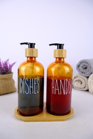 Digithome 2 Li Ahşap Standlı Cam Sıvı Sabun Ve Bulaşık Deterjanı Şişesi Sabunluk Amber 500 Ml - D/11 C1-1-289