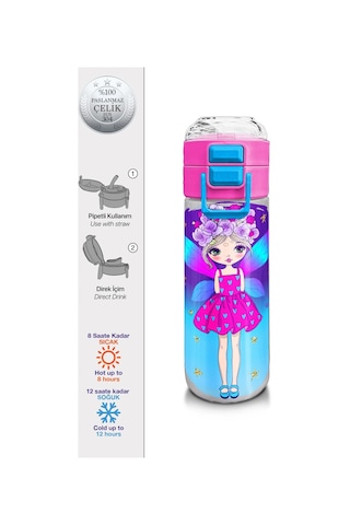 Coral High Kids Pembe Mavi Peri Desenli Pipetli Ve Direkt İçim Çelik Termos 500 Ml 31803 Pembe - Koyupembe