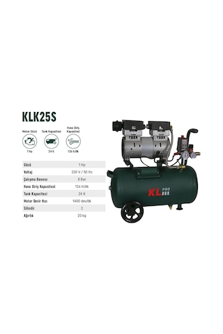 Klpro KLK25S 1 Hp 8 Bar 24 LT Sessiz Hava Kompresörü