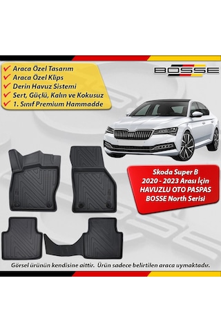 Skoda Super B Paspas Araca Özel 2020 - 2023 Arası Derin Havuzlu Paspas Bosse North Serisi
