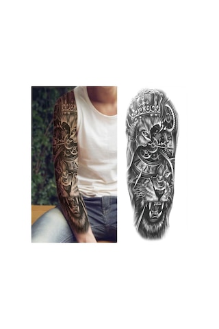 Geçici Dövme Kol Kaplama - Aslan Kral Mekanik Saat Ve Taç Desenli Büyük Boy Tattoo Siyah