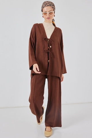 Bigdart Kadın Keten Kimono İkili Takım 6727 - Kahverengi