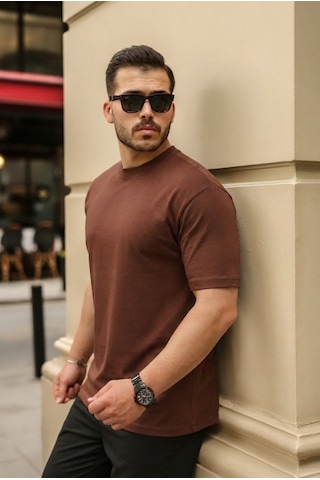 Veraura Lifestyle Erkek Kolları Dar Kesim Rahat Kalıp Basic Tişört kahverengi