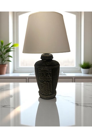 Gümüş Renk Eskitme El Yapımı Sümer Dekoratif Abajur - Beyaz Beyaz