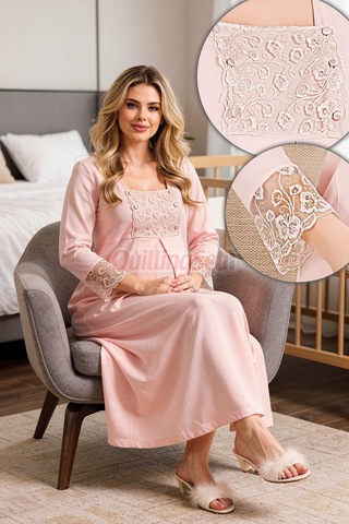 Lady Pembe Renk Dantel Detaylı 33501 Sabahlıklı 2li Hamile Gecelik Takım Set Açık Pembe
