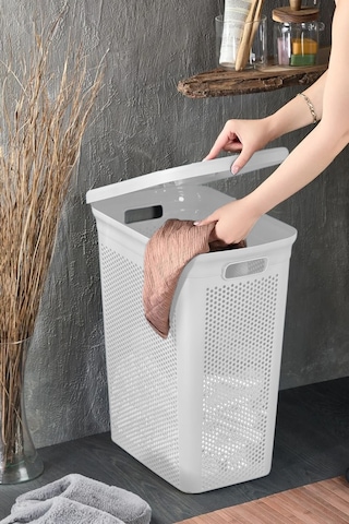 İronika Slim Kapaklı Dekoratif Kirli Çamaşır Sepeti 45 Litre - Beyaz Beyaz