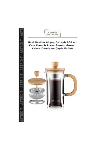 Özel Üretim Ahşap Detaylı 600 Ml Cam French Press Sunum Gereci Kahve Demleme Çeyiz Ürünü Ahşap - Şeffaf