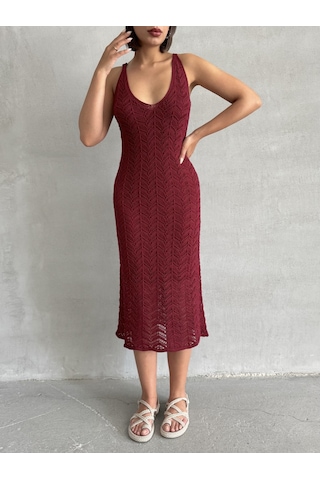 Kadın Askılı Ajurlu Yazlık Triko Elbise Bordo