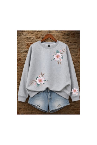 Esade Kadın Pembe Zampak Çiçek Kol Baskılı Rahat Kalıp Bisiklet Yaka Gri Sweatshirt Gri