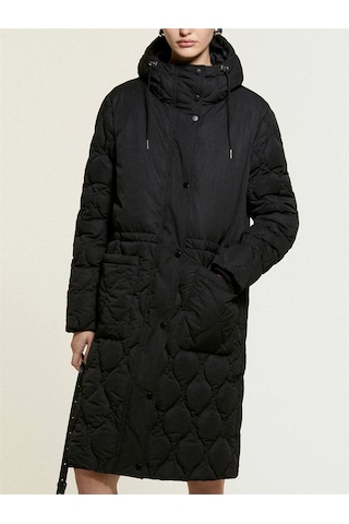 Sisley Kapitone Kapüşonlu Straight Fit Suni Kaz Tüyü Uzun Mont Kadın Siyah Mont - 325a2ırzln063