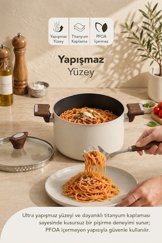 Titanyum Makarna Tenceresi 22 Cm Krem Krem