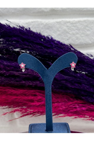 925 Ayar Gümüş Yıldızlı Pembe Mineli Zarif Kız Çocuk Küpesi Gümüş