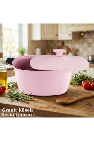 28 Cm Granit Köşeli Derin Tencere Alüminyum Kapak - Pembe Pembe