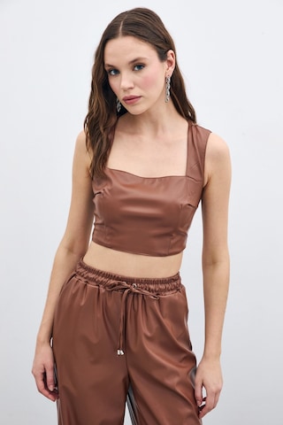 Sateen Kare Yaka Deri Crop - Kahve-135668 Kahve