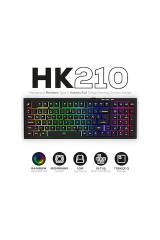 Hawk Gaming Hk210 Membrane Rainbow Type C Kablolu Full Türkçe Gaming Klavye Siyah