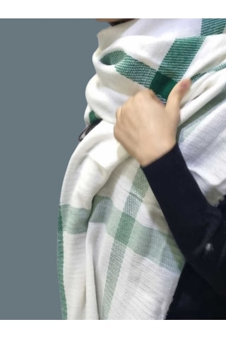 Tezzgelsin Kadın Yumuşak Yün Dokulu Desenli Omuz Şalı Atkı Bej Yeşil