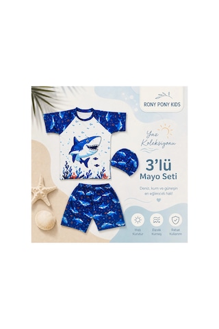 Rony Pony Kids Erkek Çocuk Mavi Köpekbalığı Baskılı 3 Lü Mayo Seti Kısa Kollu Üst Şort Bone Beyaz Mavi